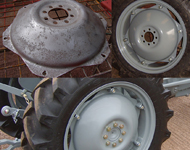 Vintage tractor wheels before and after sandblasting and refinishing.